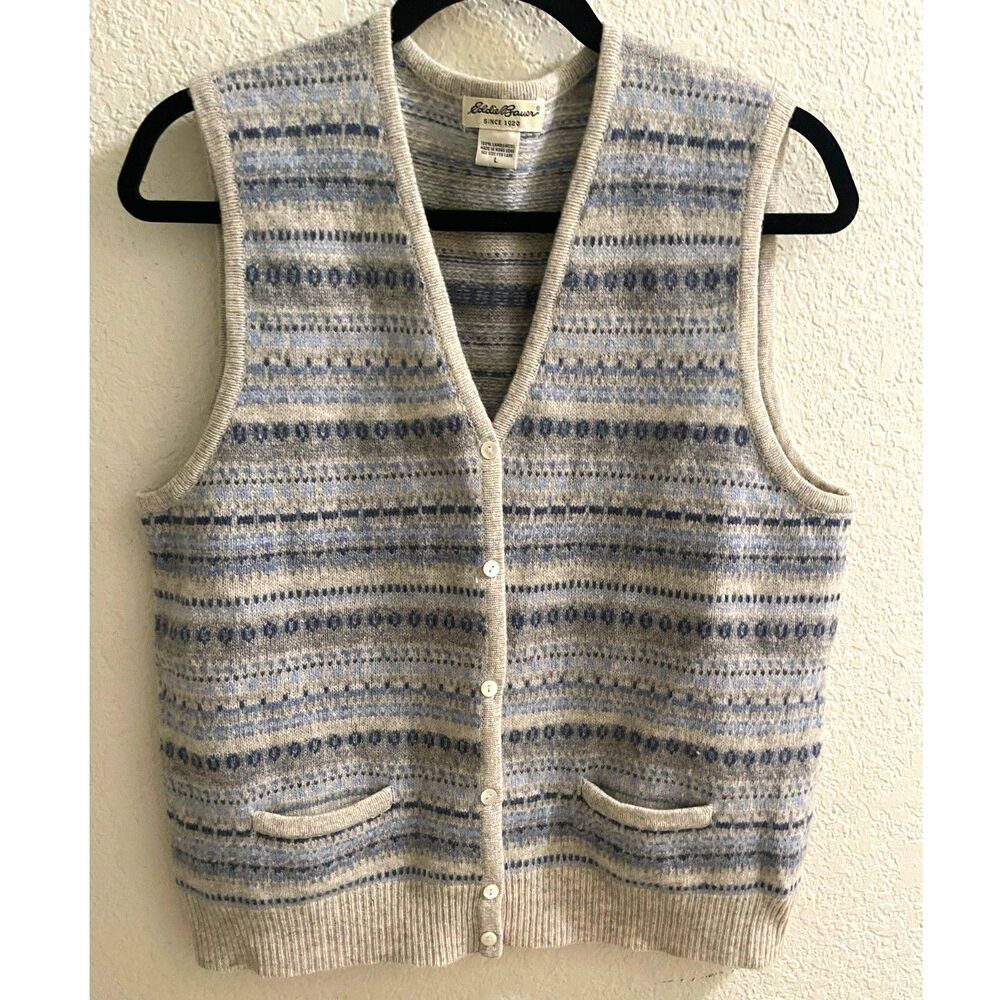 Eddie Bauer Women's Blue Fair Isle Lambswool Button Front Sweater Vest Size L